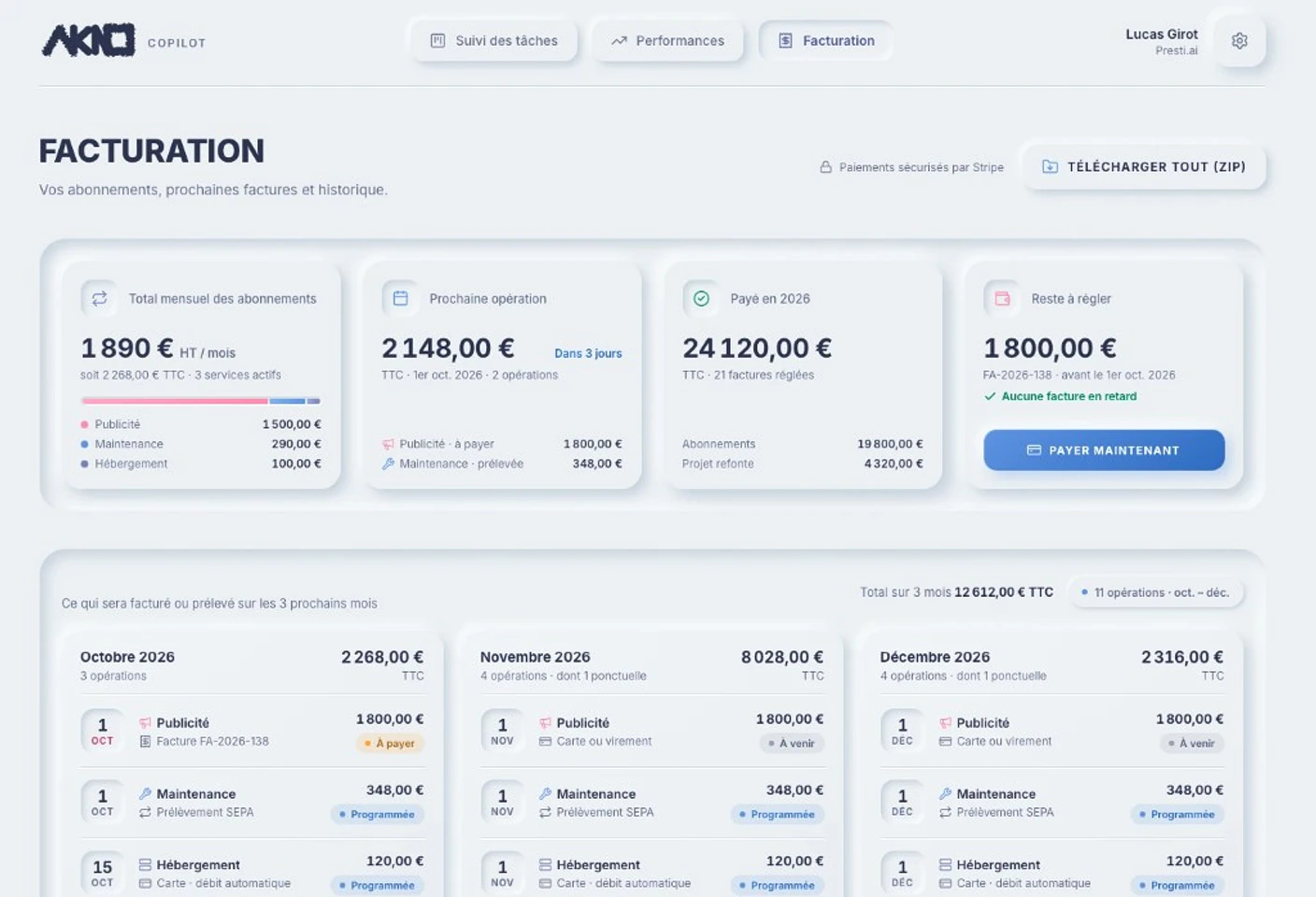 Page Facturation AKNO Copilot : abonnements, prochaine opération de 2 148 euros le 1er octobre, aucune facture en retard